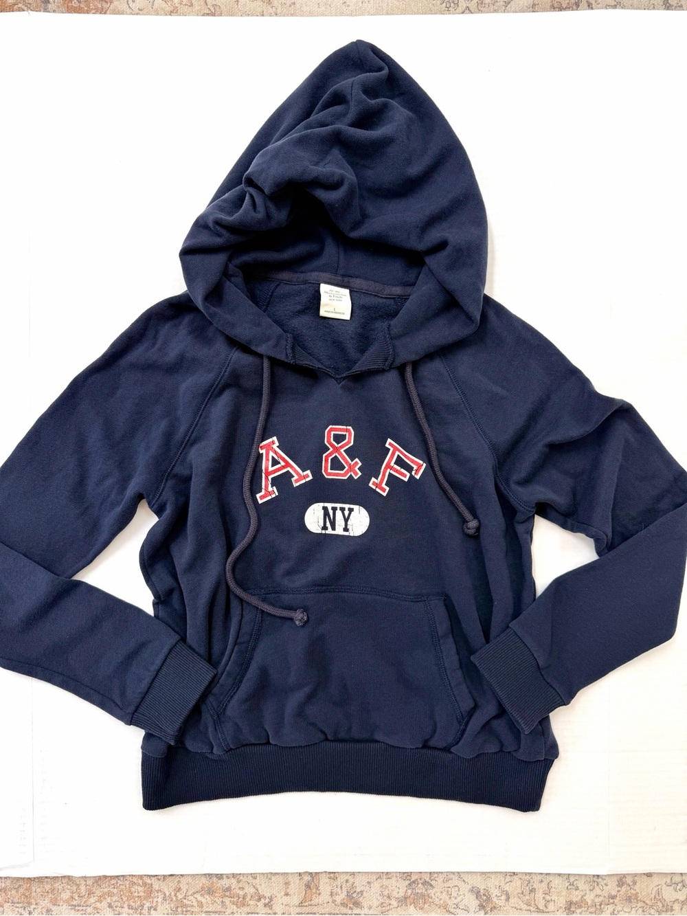 Abercrombie & Fitch Navy Hoodie with Red Logo — Y2K Fleece Lined Logo Sweatshirt